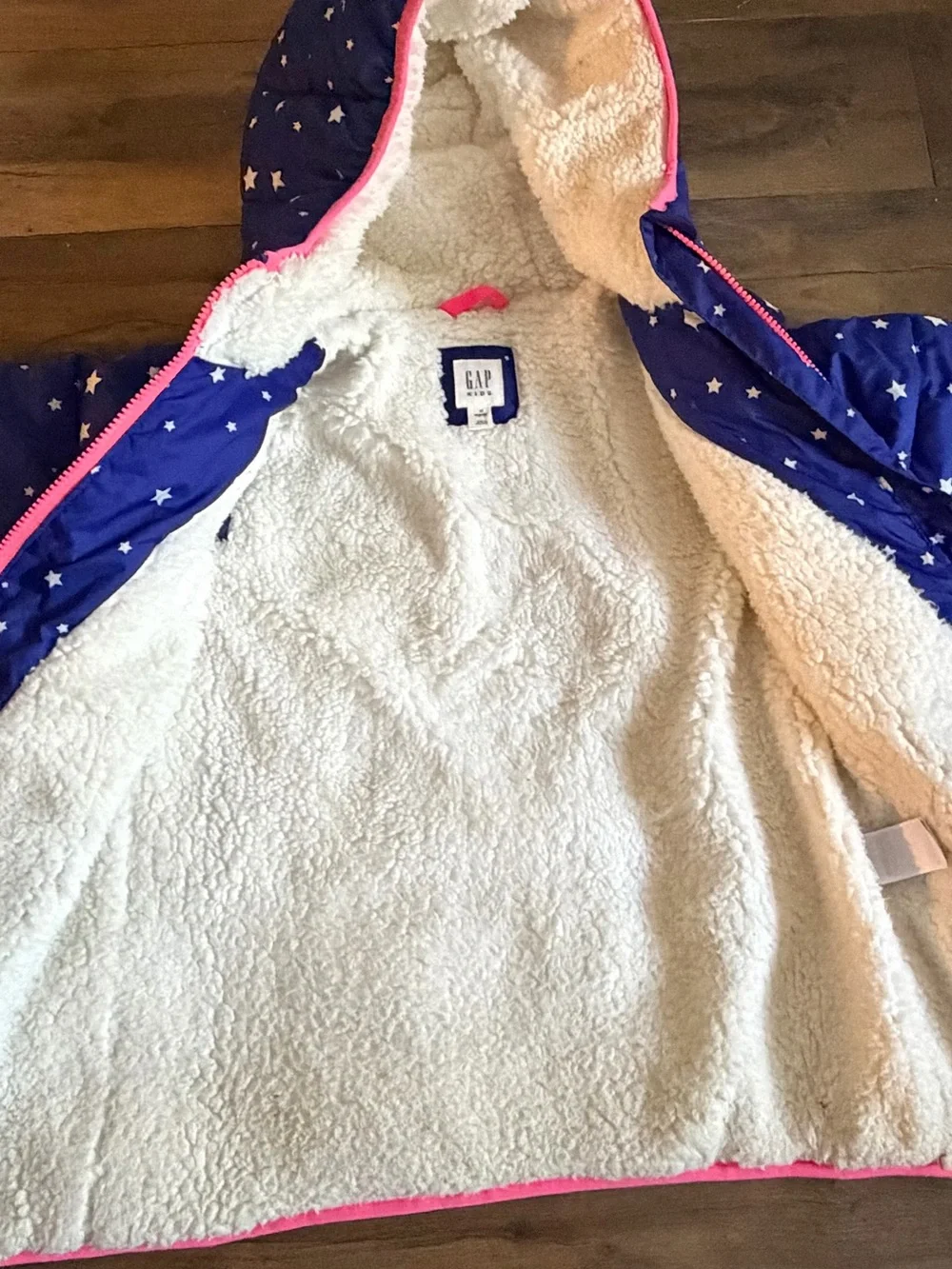 GAP Kids | Blue Star Print Sherpa Lined Puffer Jacket Hooded | XL
